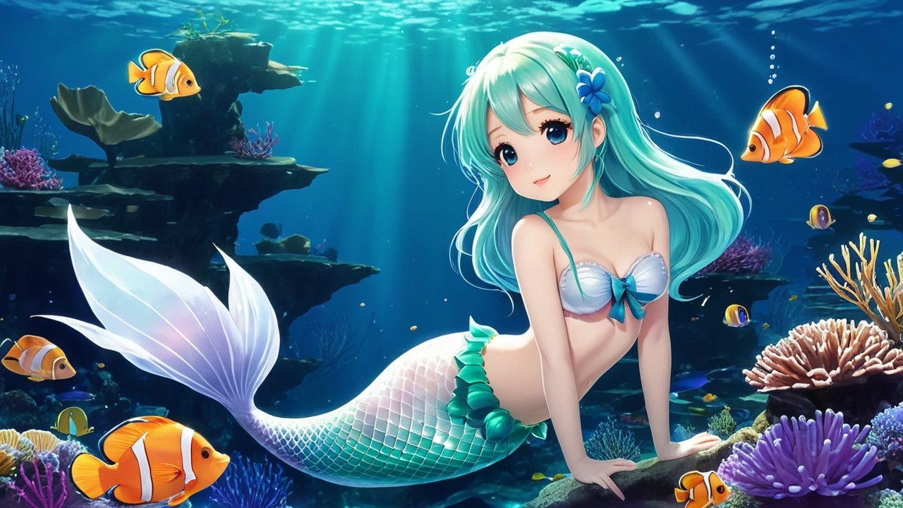 Vibrant Underwater Scene with a Mermaid and Coral