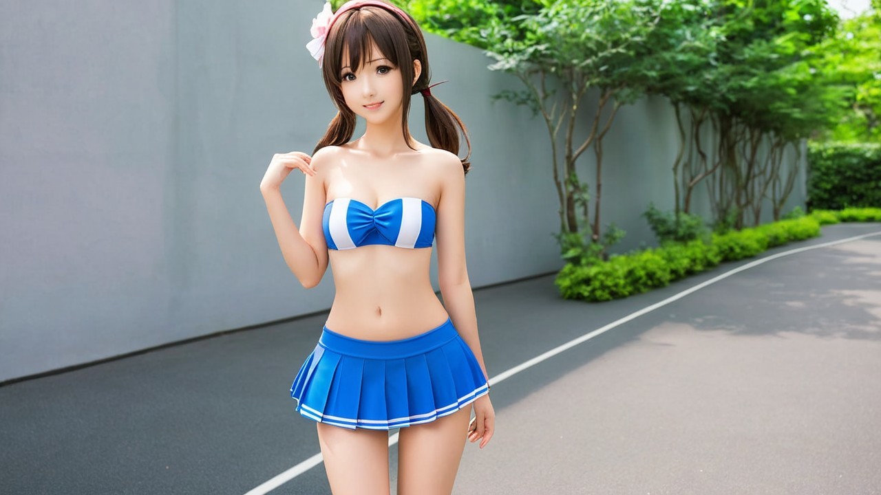 Character in Blue Bikini Top and Pleated Skirt