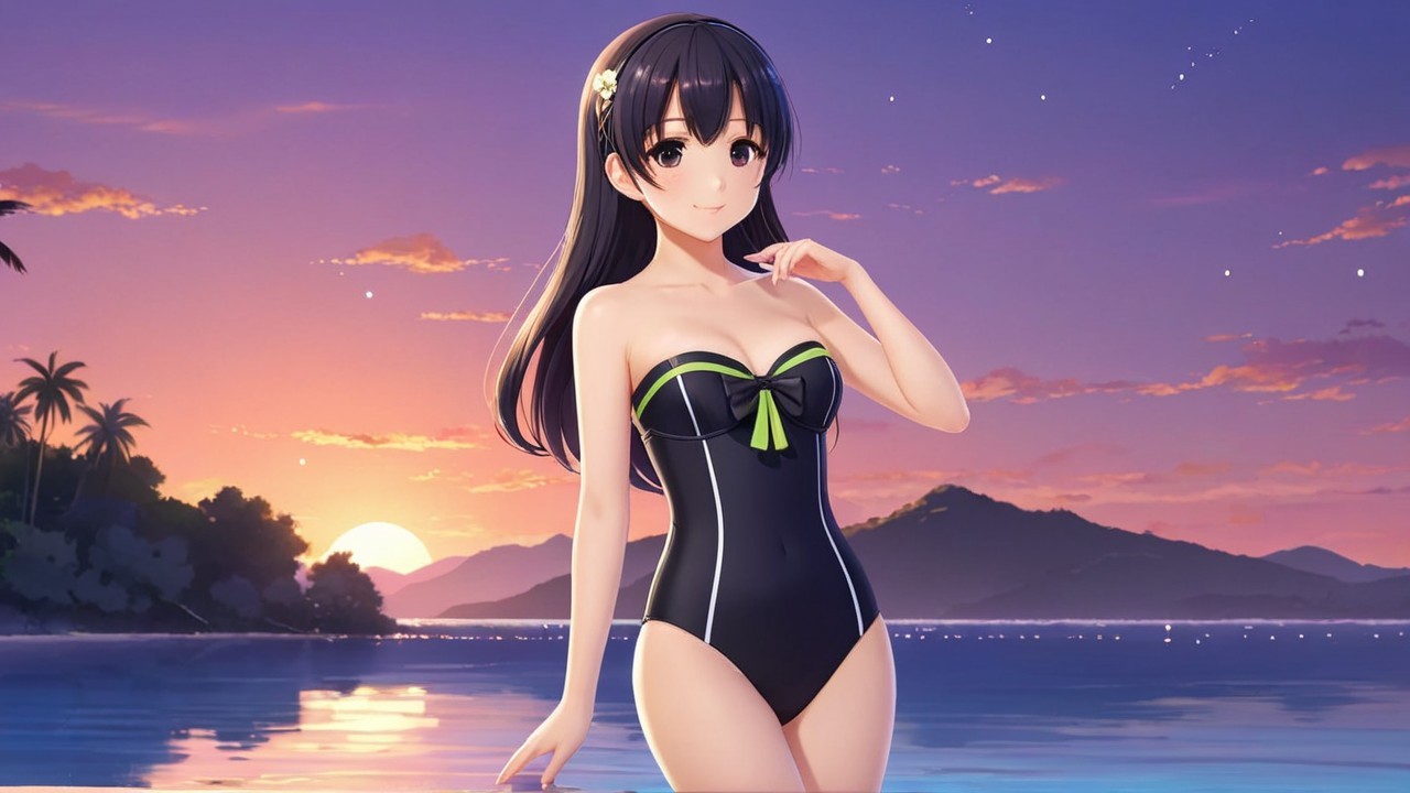 Young Woman in Black Swimsuit at Sunset Beach