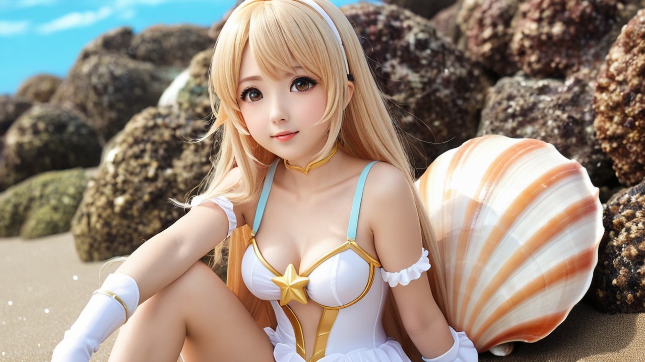 Character on Beach with Shells and Ocean View