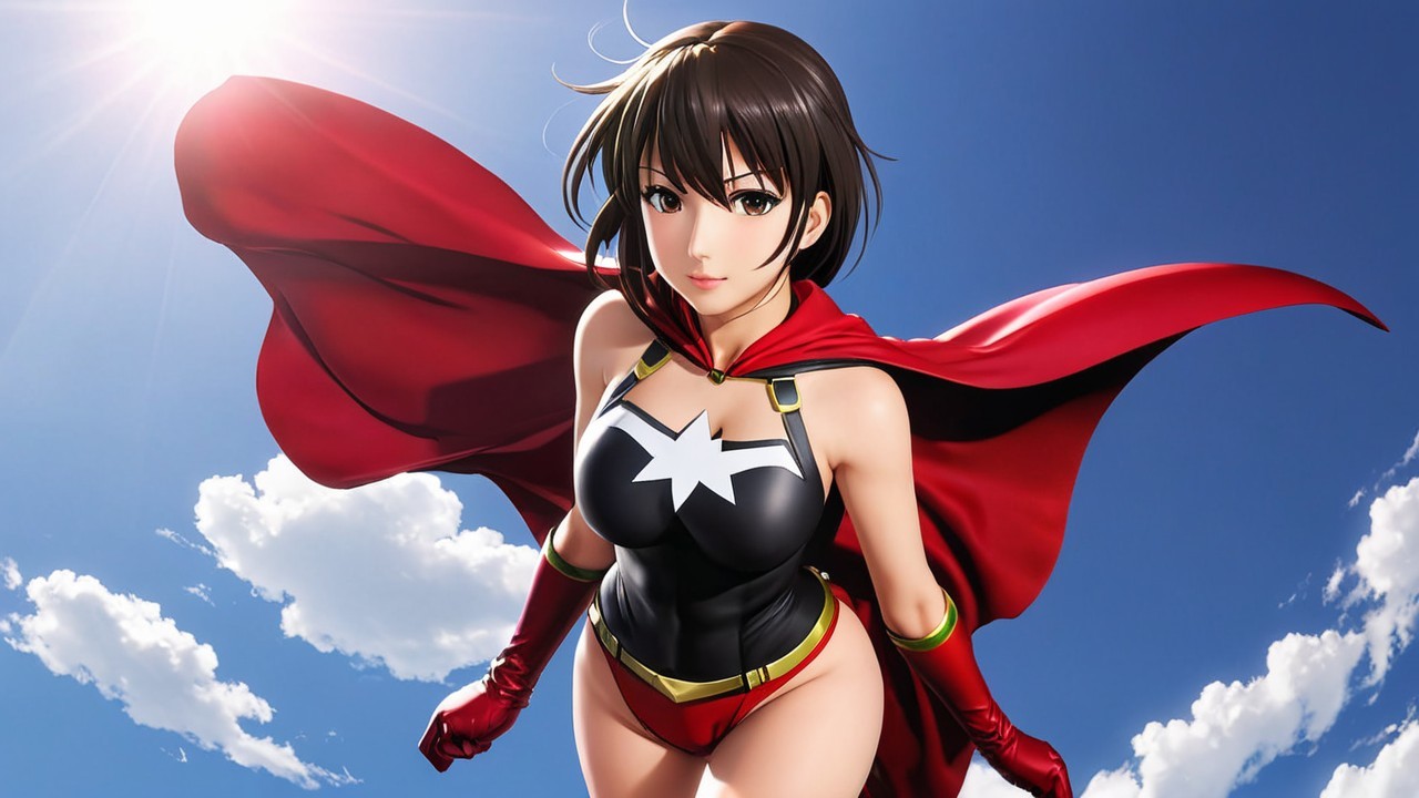 Female superhero in black costume with red cape