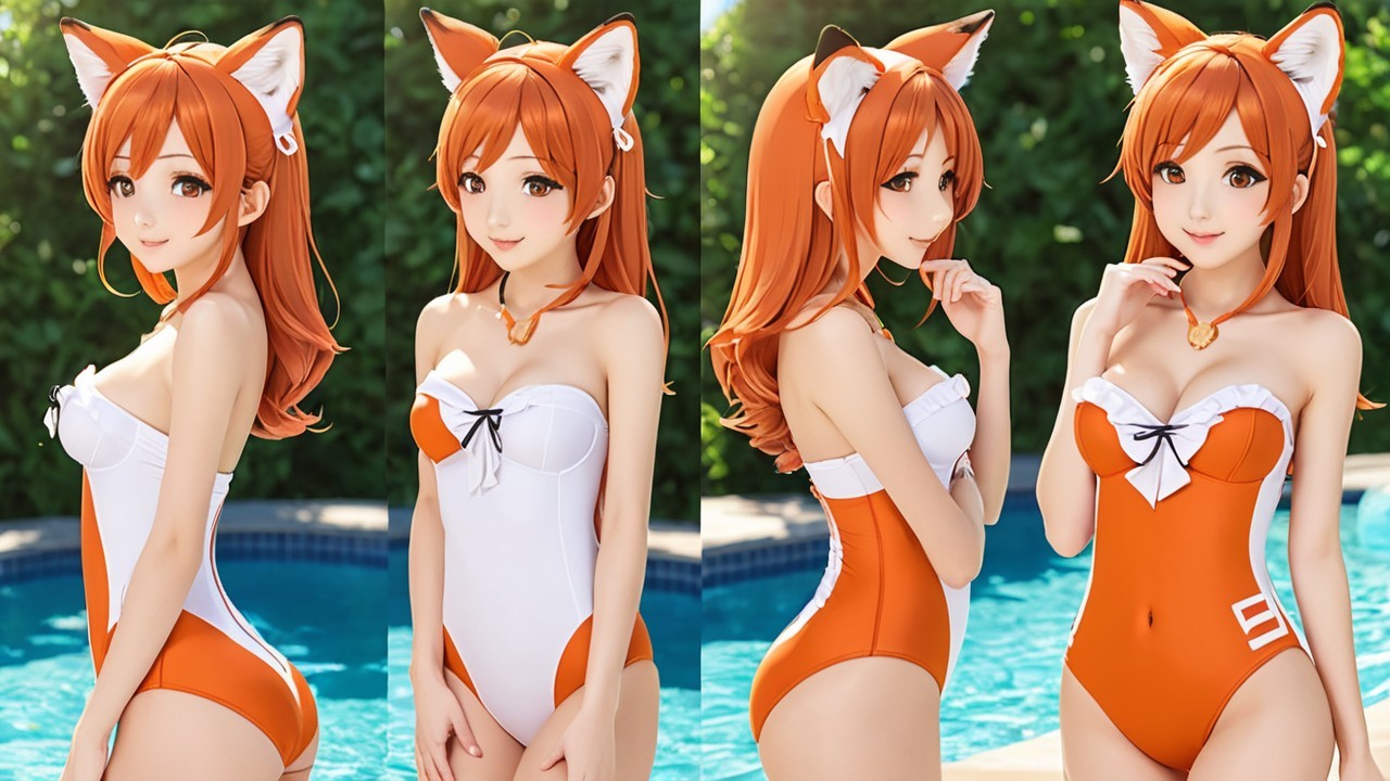 Young woman in fox-inspired swimsuit by poolside