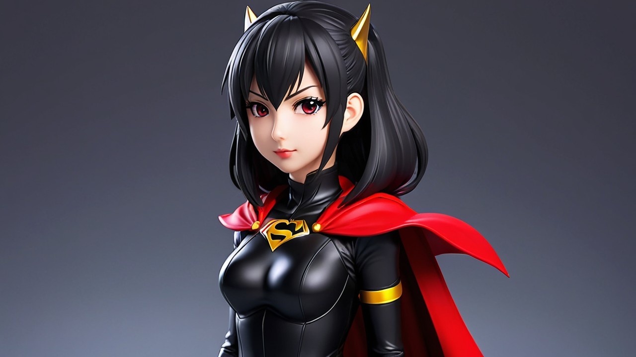 Young female superhero in sleek black suit and red cape