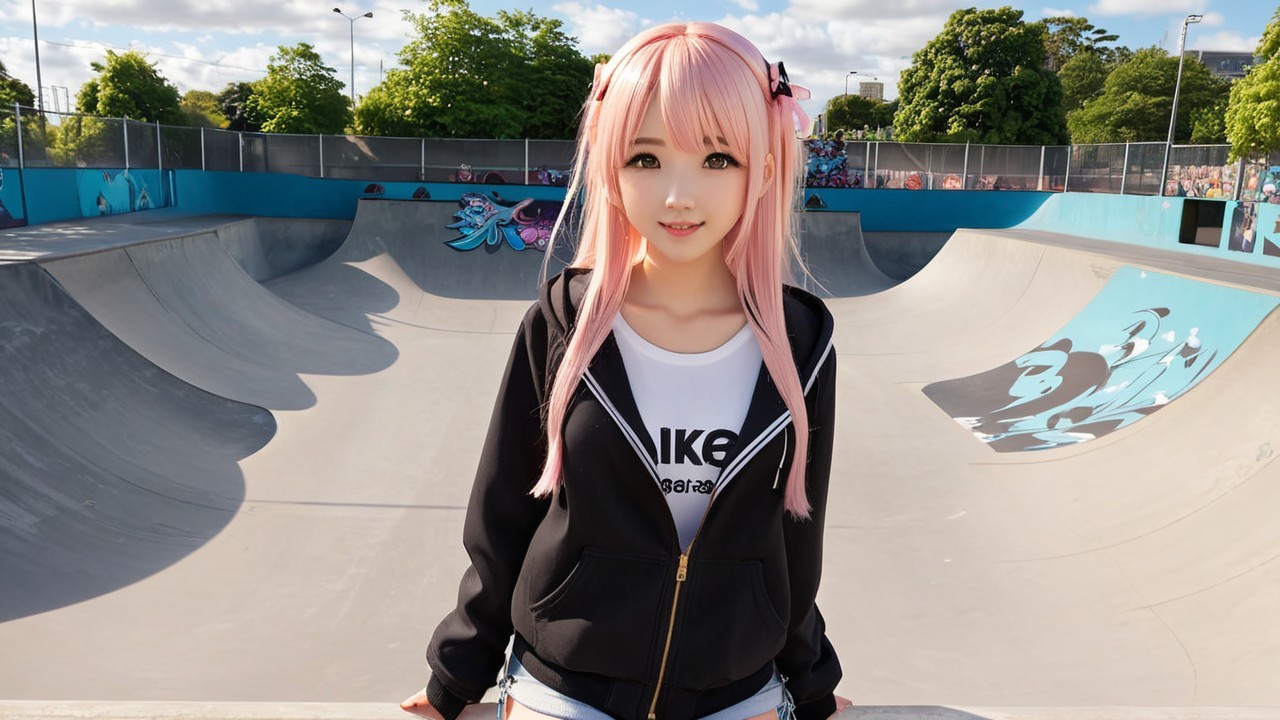 Young girl in skate park with pink hair and graffiti