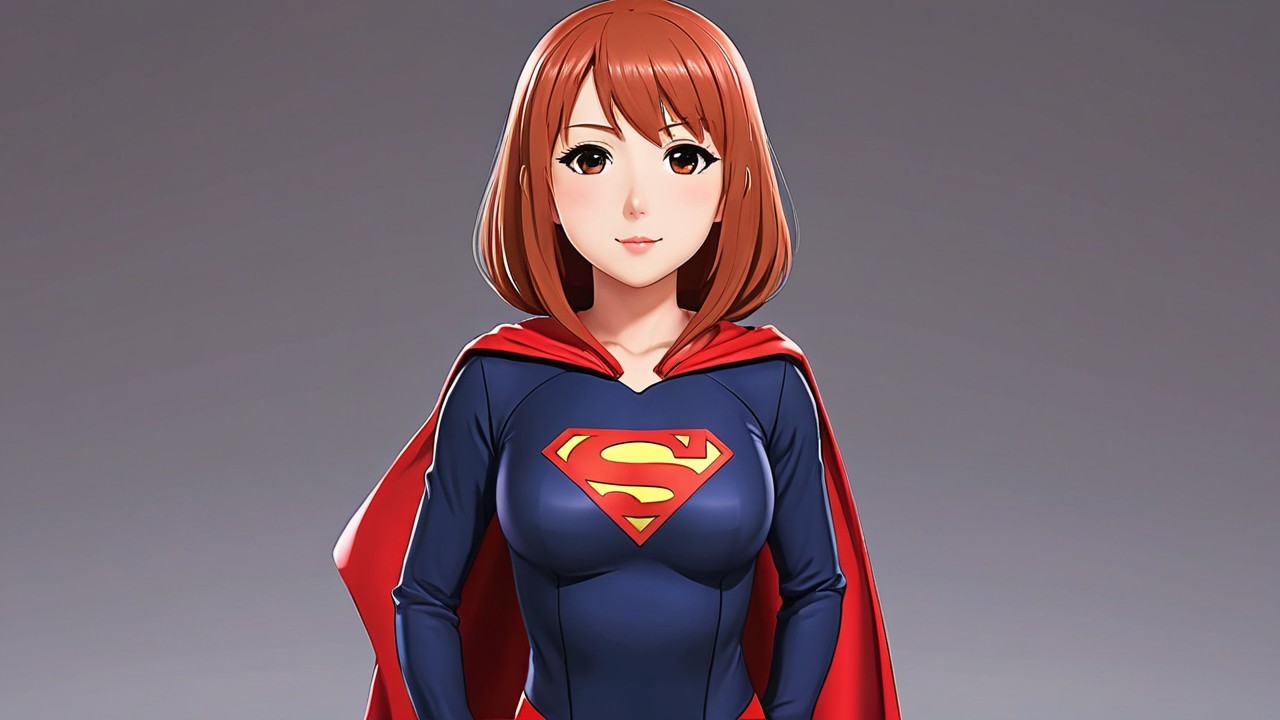 Female superhero in blue costume with red cape