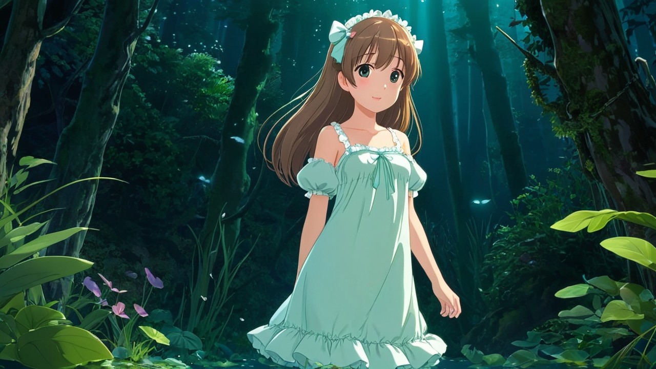 Young girl in green nightgown in serene forest setting