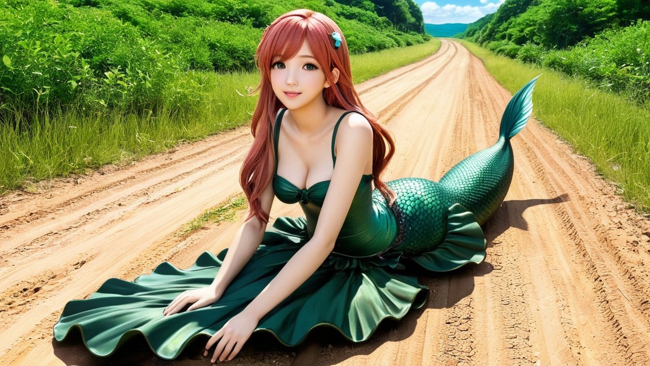 Mermaid on a Dirt Road in Lush Green Fields