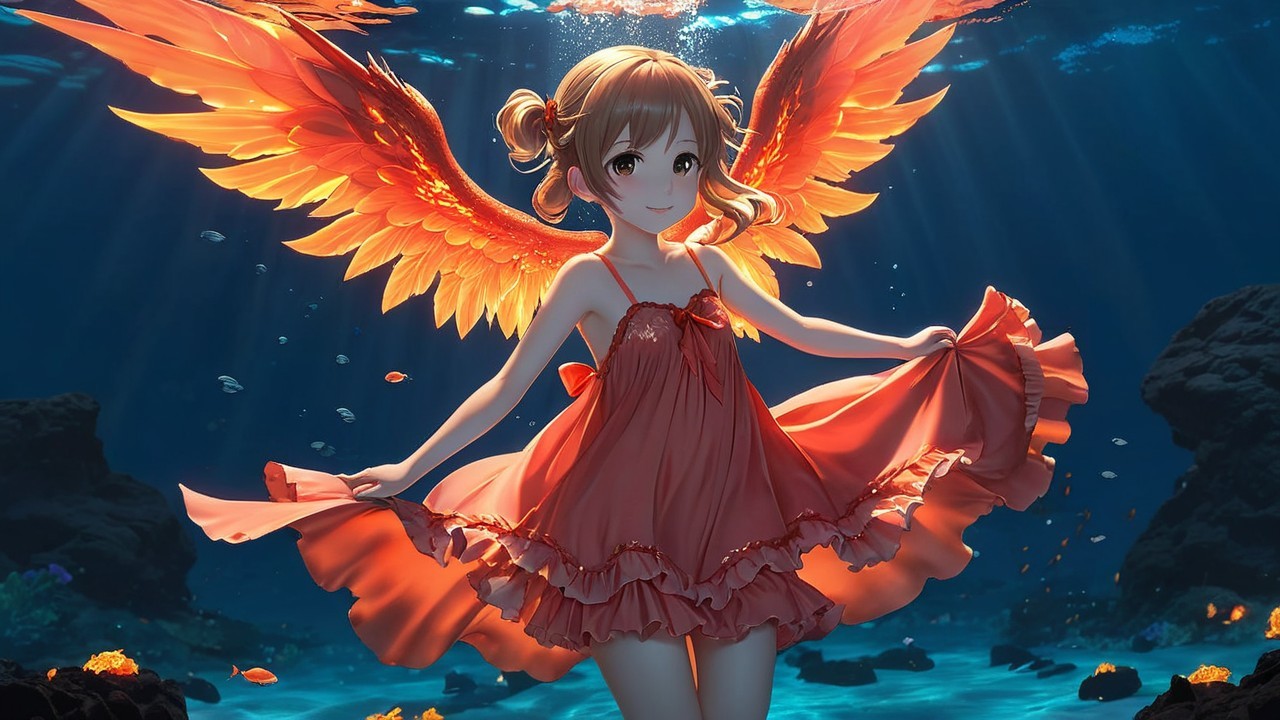 Underwater Scene with Girl and Fiery Orange Wings