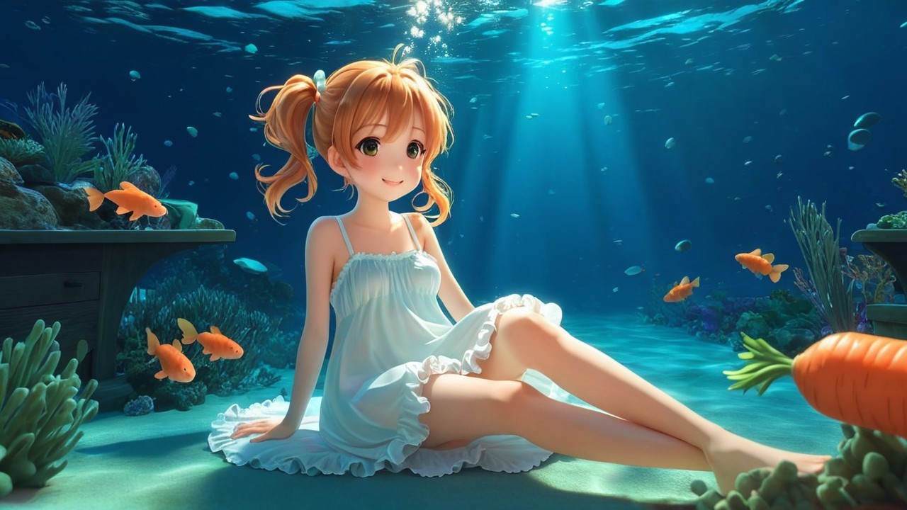 Cheerful anime girl in white dress on ocean floor