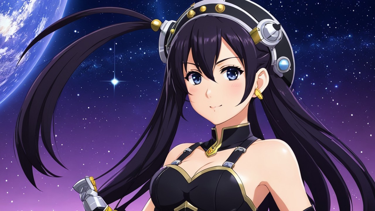Anime Character in Futuristic Outfit Against Starry Space