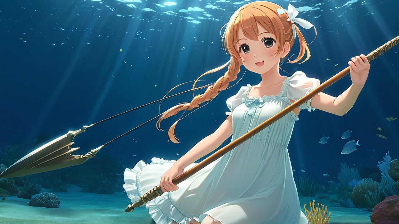 Cheerful girl in white dress underwater with fish