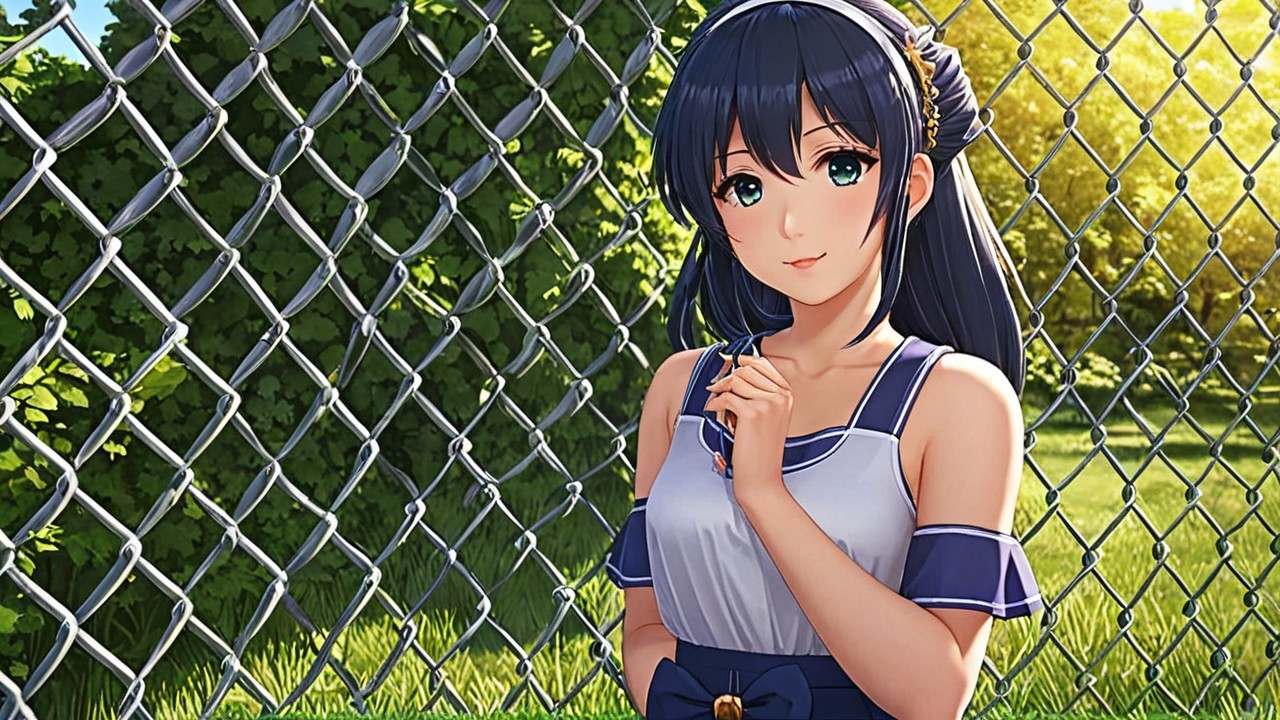 Young woman with dark hair by a chain-link fence