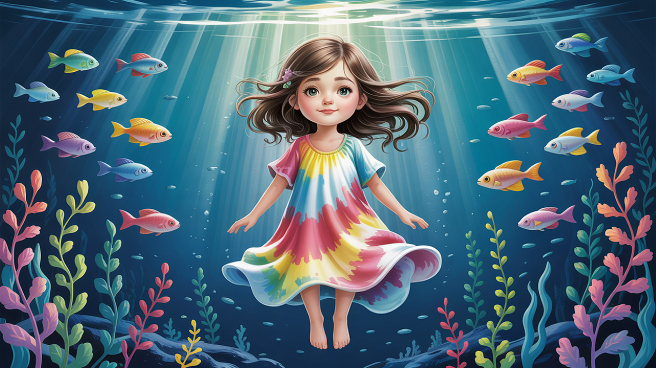 Child in tie-dye sundress floating with colorful fish