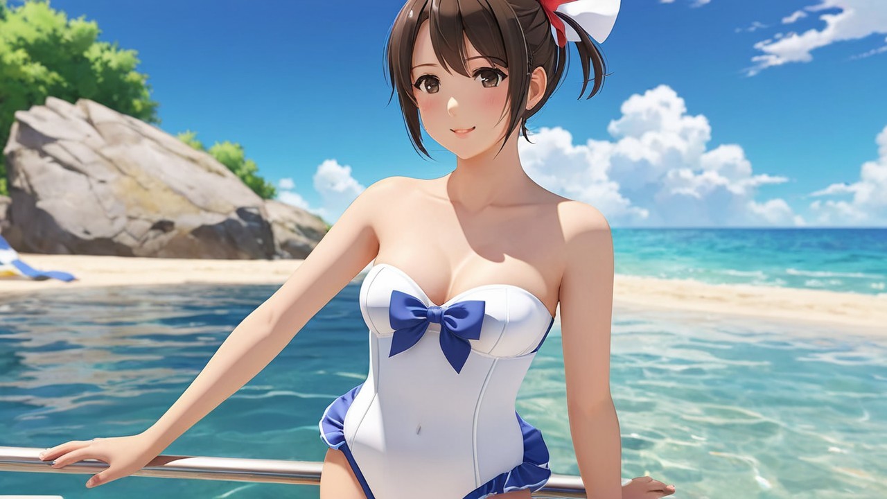 Young woman in blue and white swimsuit at the beach