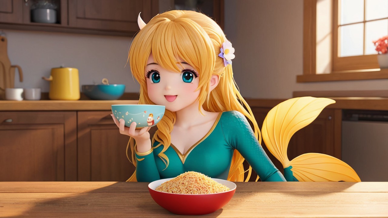 Cheerful Mermaid in Cozy Kitchen with Rice Bowls