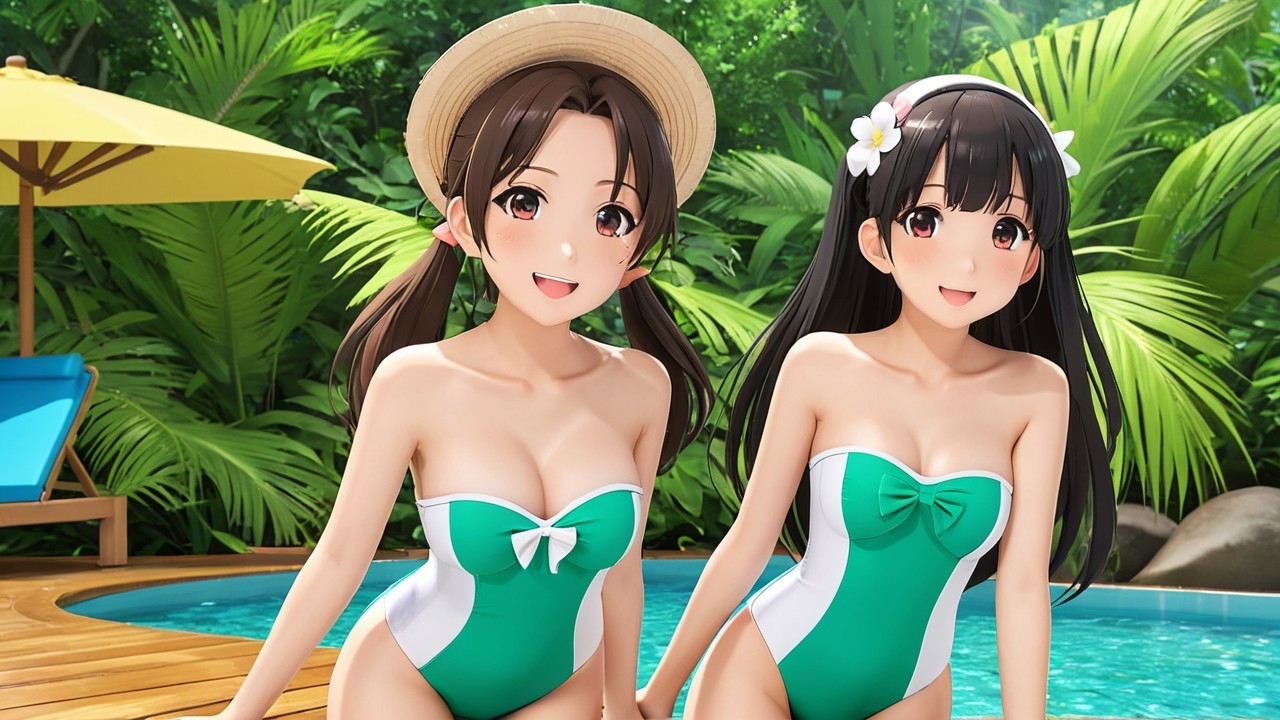 Cheerful Women by Tropical Poolside in Stylish Swimsuits