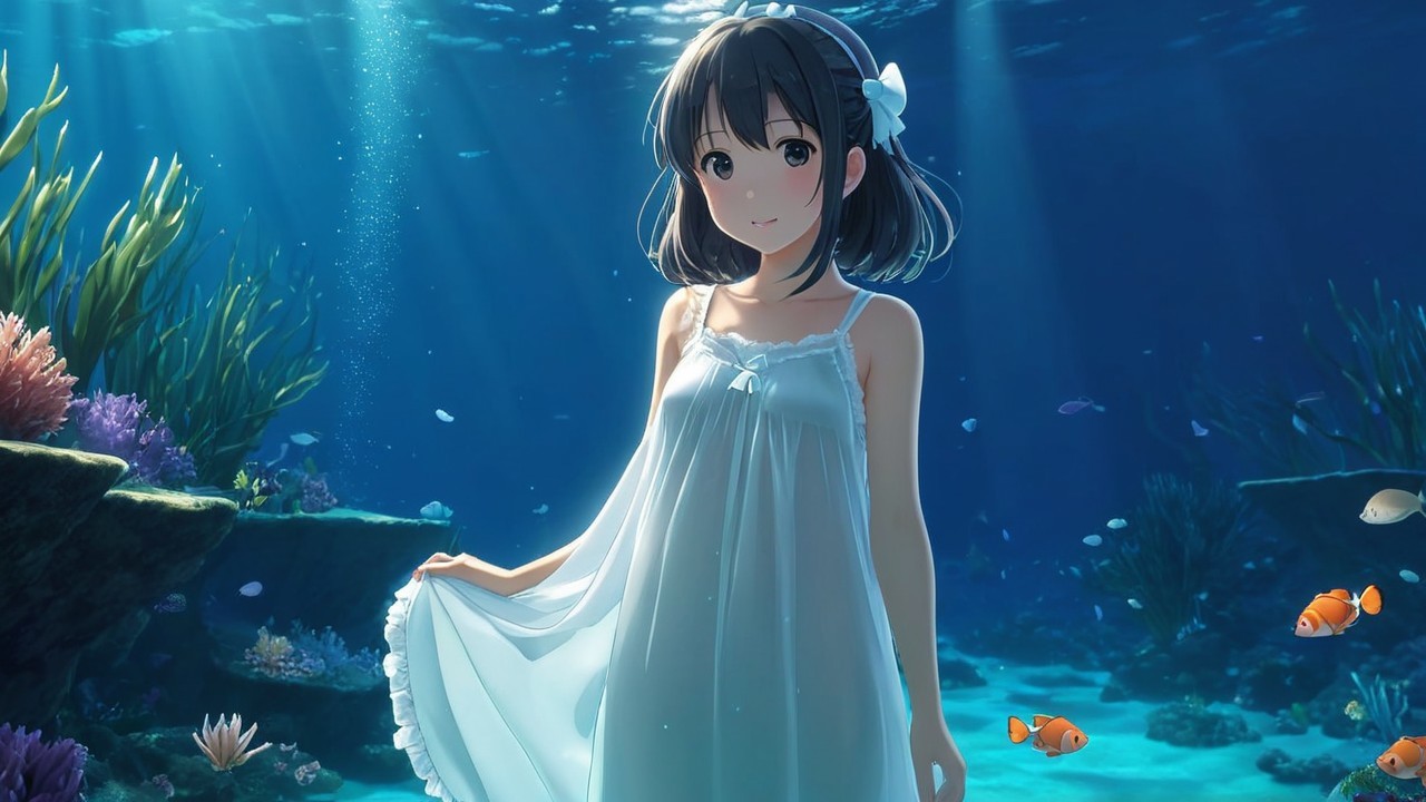 Young girl in white dress beneath vibrant coral reefs