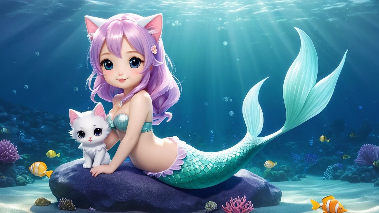 Whimsical Underwater Scene with Mermaid and Kitten