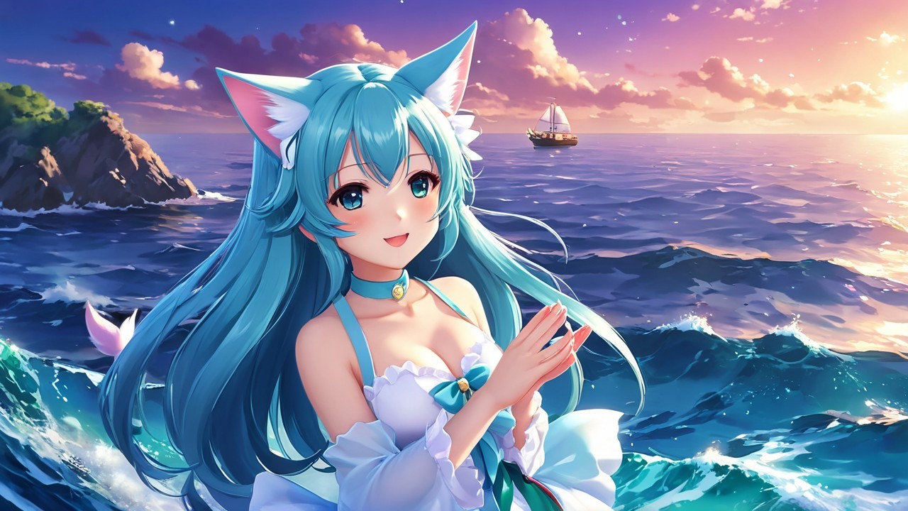 Whimsical Anime Girl by the Ocean at Sunset
