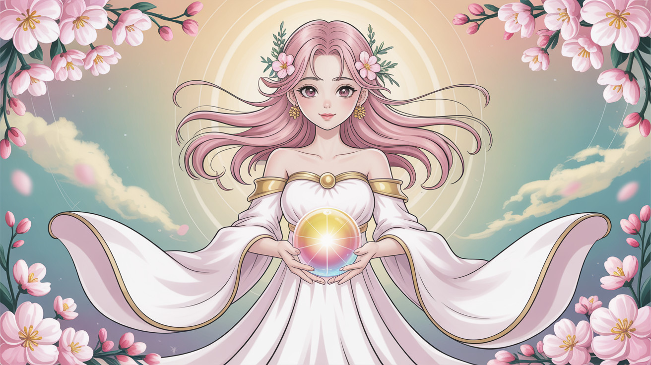 Digital anime portrait of a young woman in an angelic dress