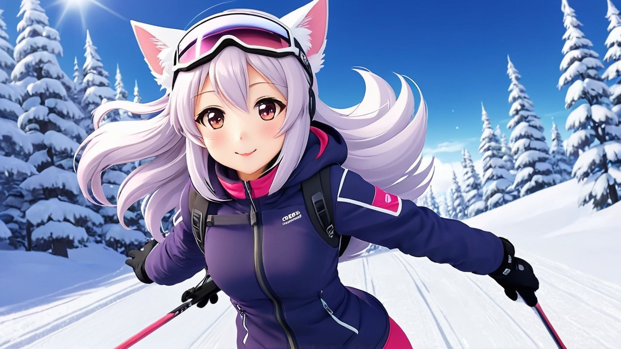 Cheerful anime character skiing in a snowy landscape