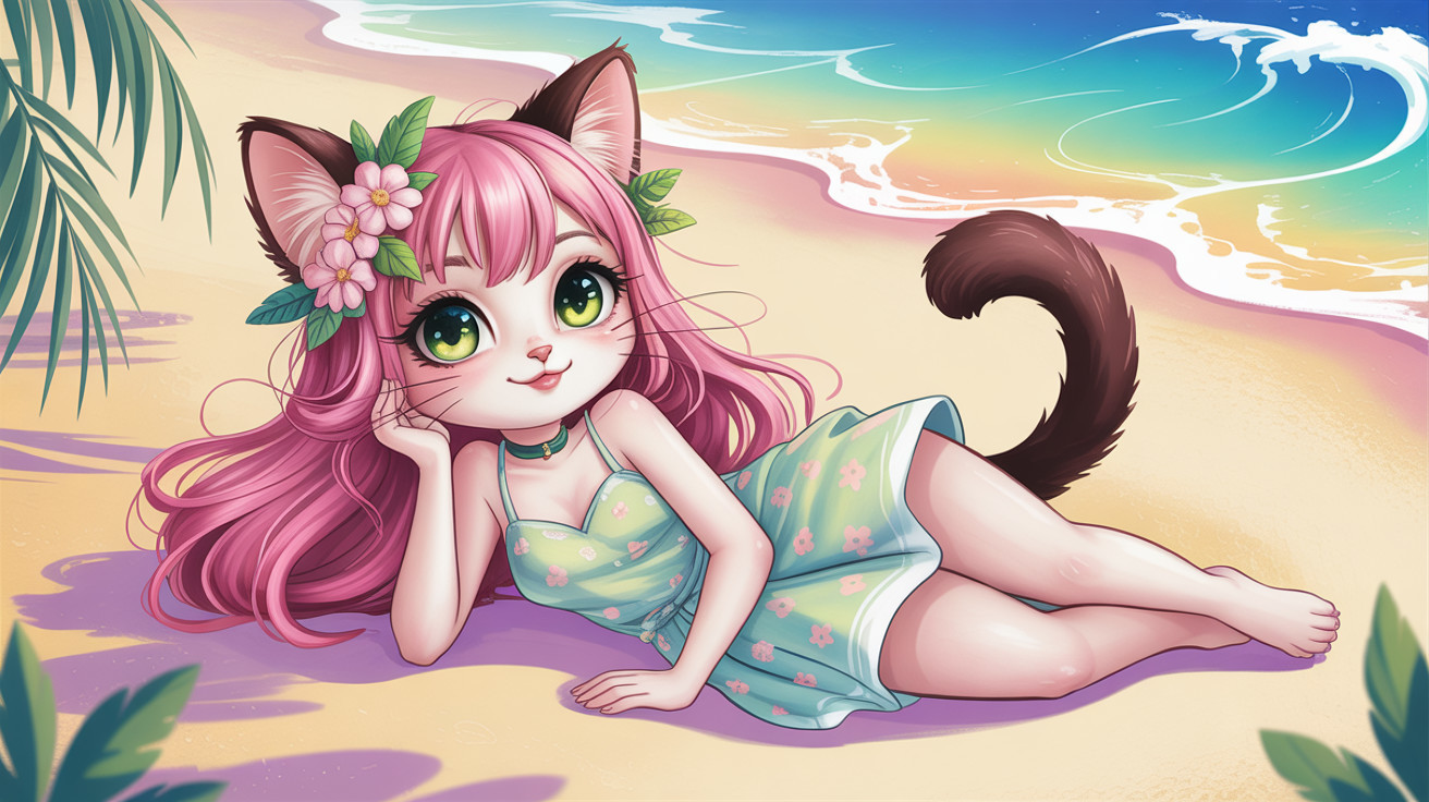 Vibrant Anime Illustration of a Feline Character on Beach
