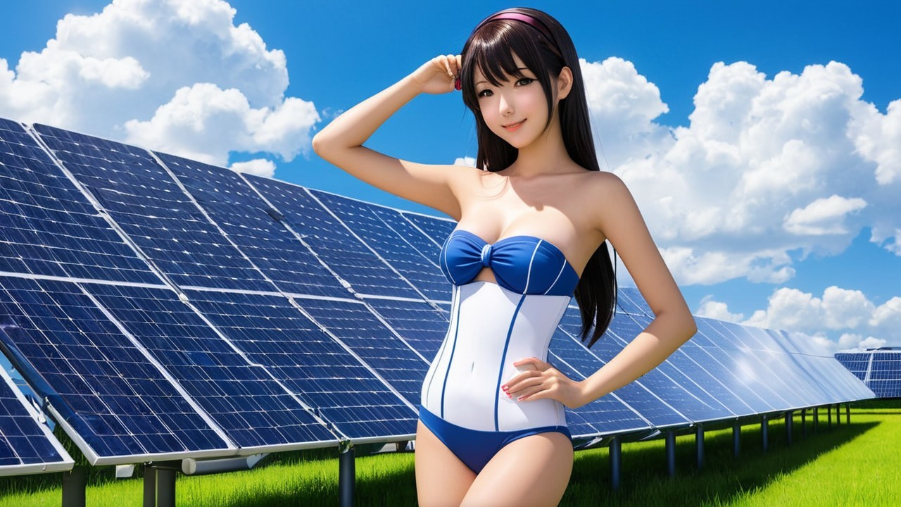 Young Woman in Swimsuit Poses by Solar Panels