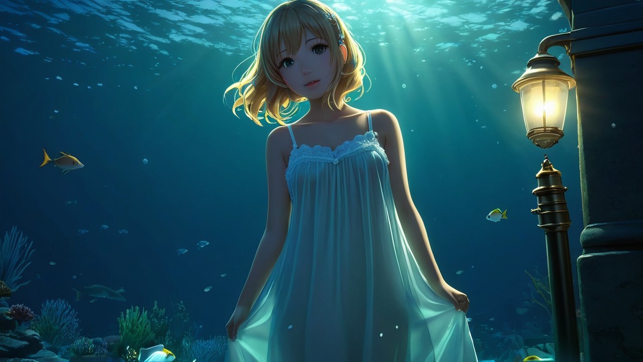 Underwater Scene with Woman in White Gown and Fish