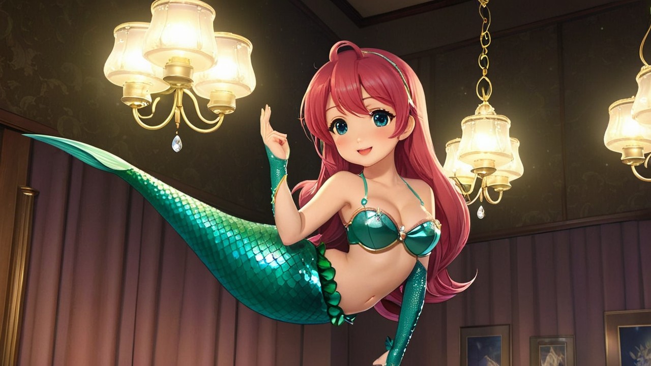 Cheerful animated mermaid with red hair and green tail