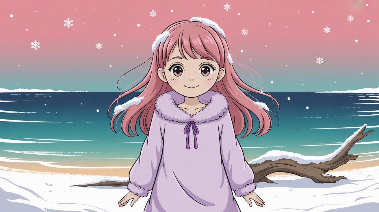 Anime Portrait of Girl with Pink Hair in Winter Scene