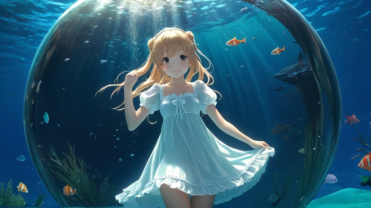 Underwater Scene with Girl in White Dress and Fish