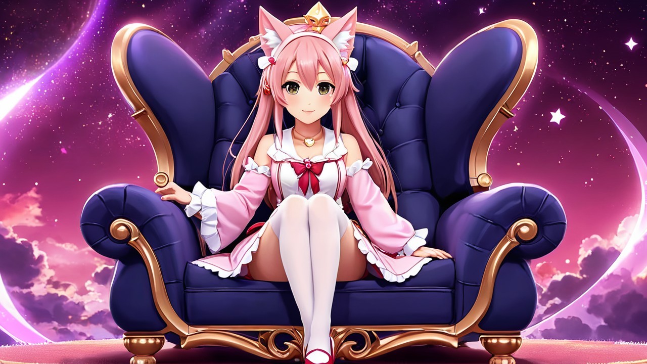 Anime girl with pink hair on a royal blue chair