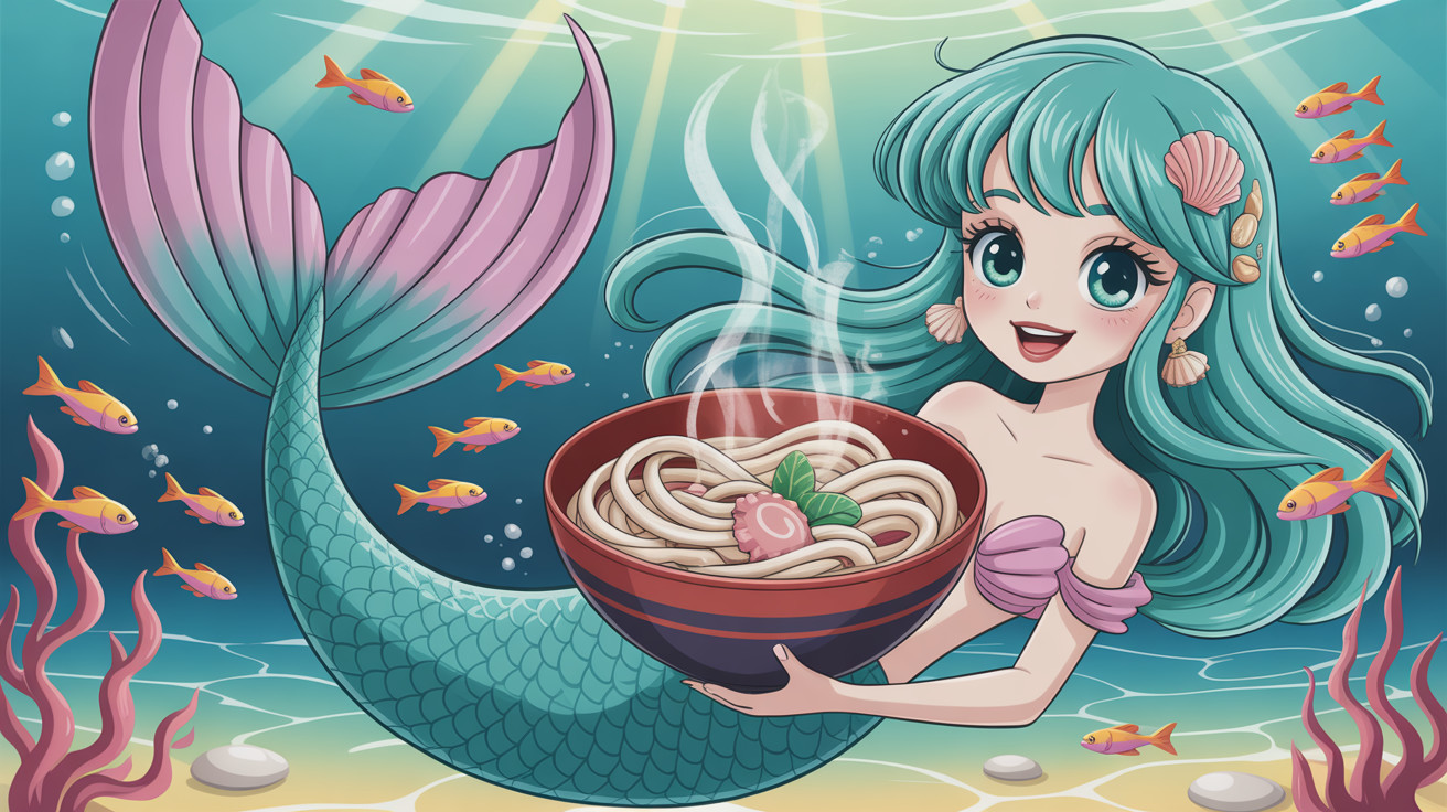 Cheerful Mermaid with Udon Noodles in Underwater Scene