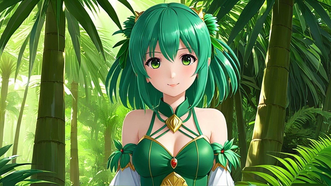 Vibrant Character in Jungle with Green Hair and Outfit