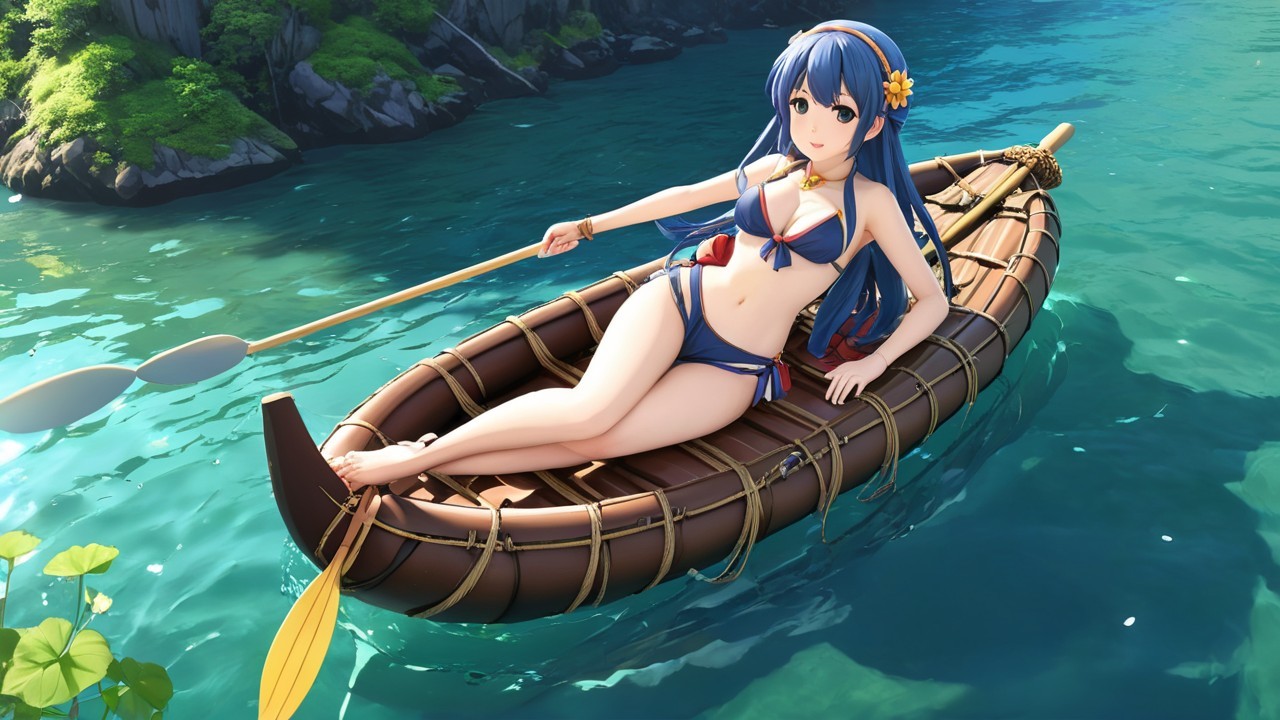 Young Woman in Boat with Blue Hair and Turquoise Sea