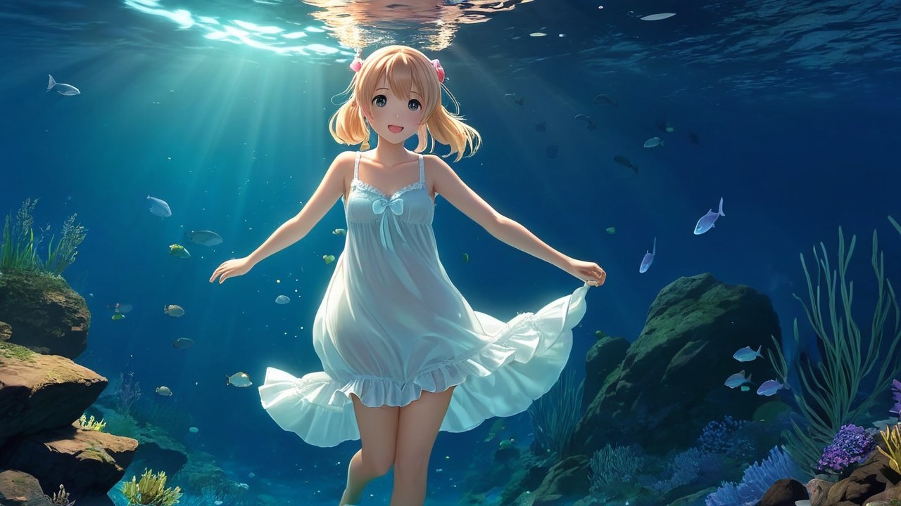Anime girl swimming gracefully underwater with fish