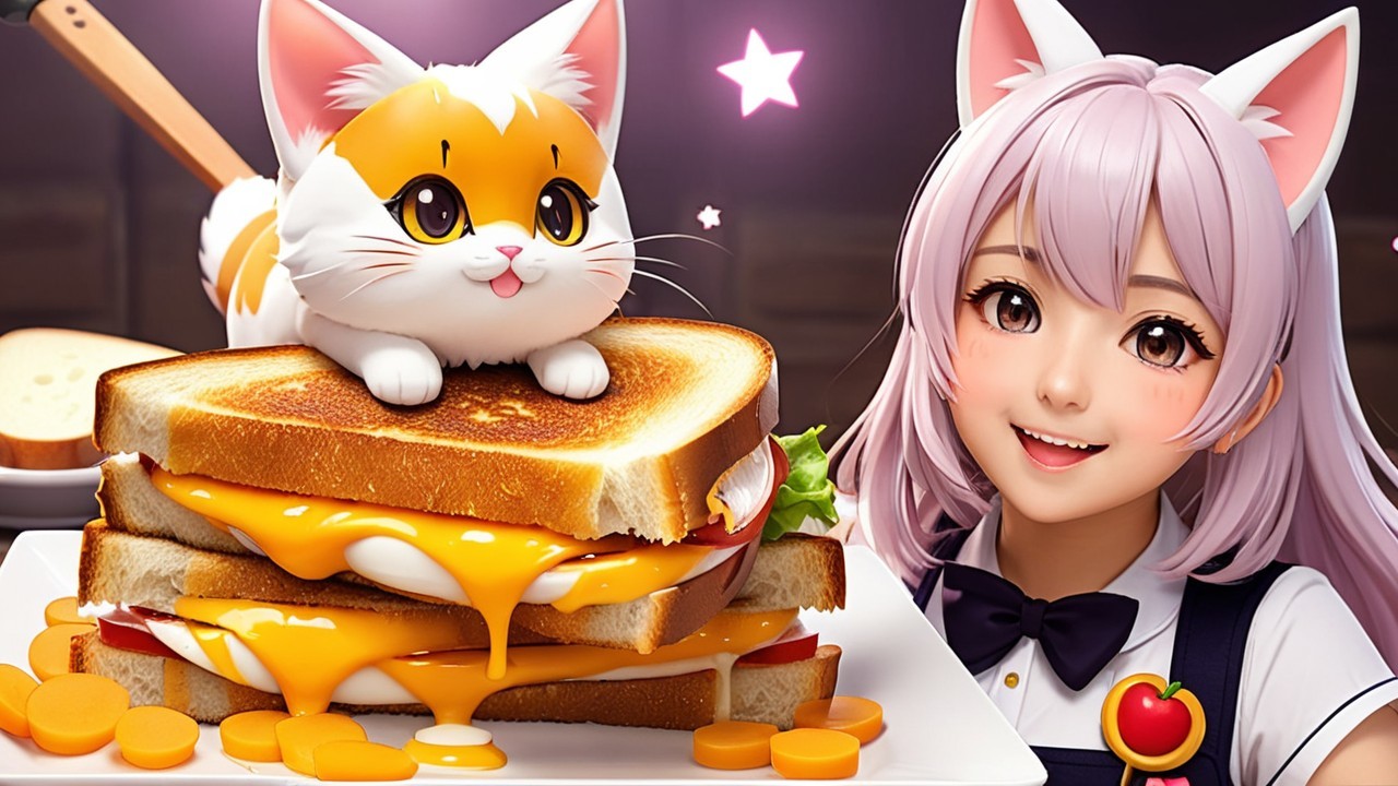 Cheerful character and cat beside a towering sandwich