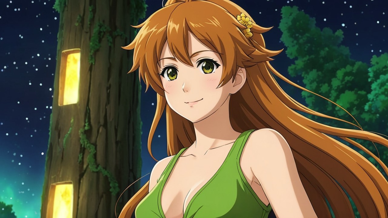 Young woman in vibrant setting with flowing hair