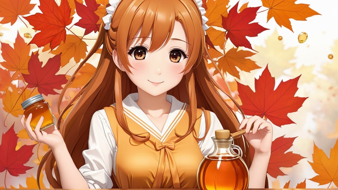 Cheerful anime girl in autumn leaves with honey items