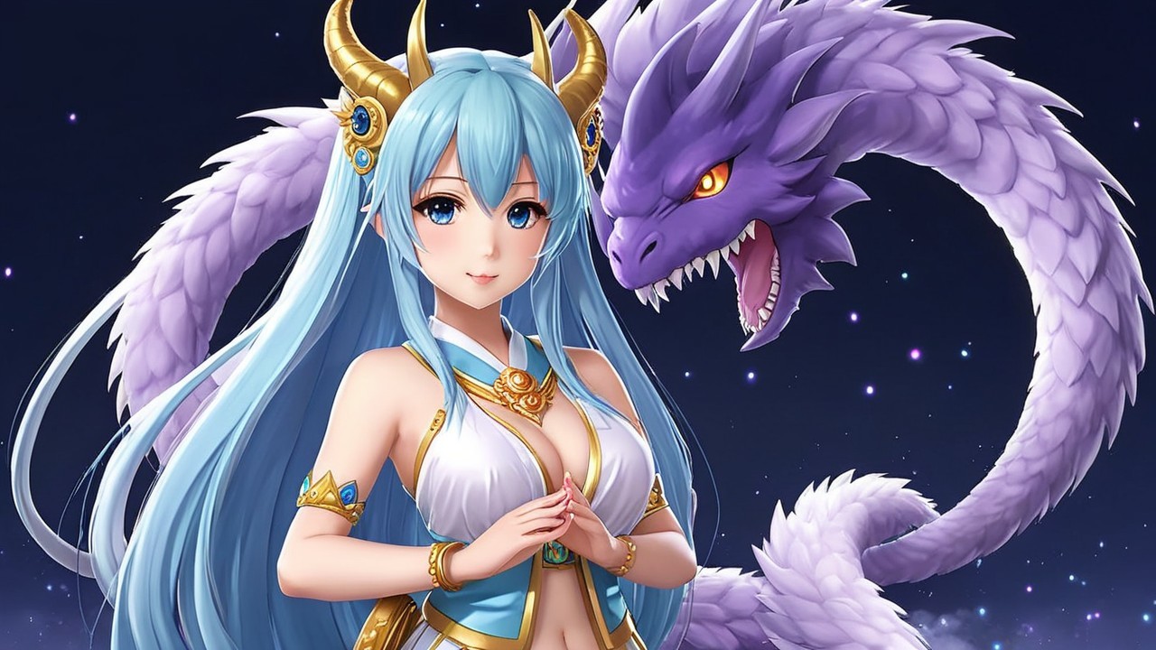 Character with Blue Hair and Purple Dragon Background