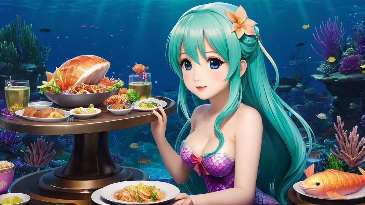 Underwater Scene with Mermaid and Seafood Table