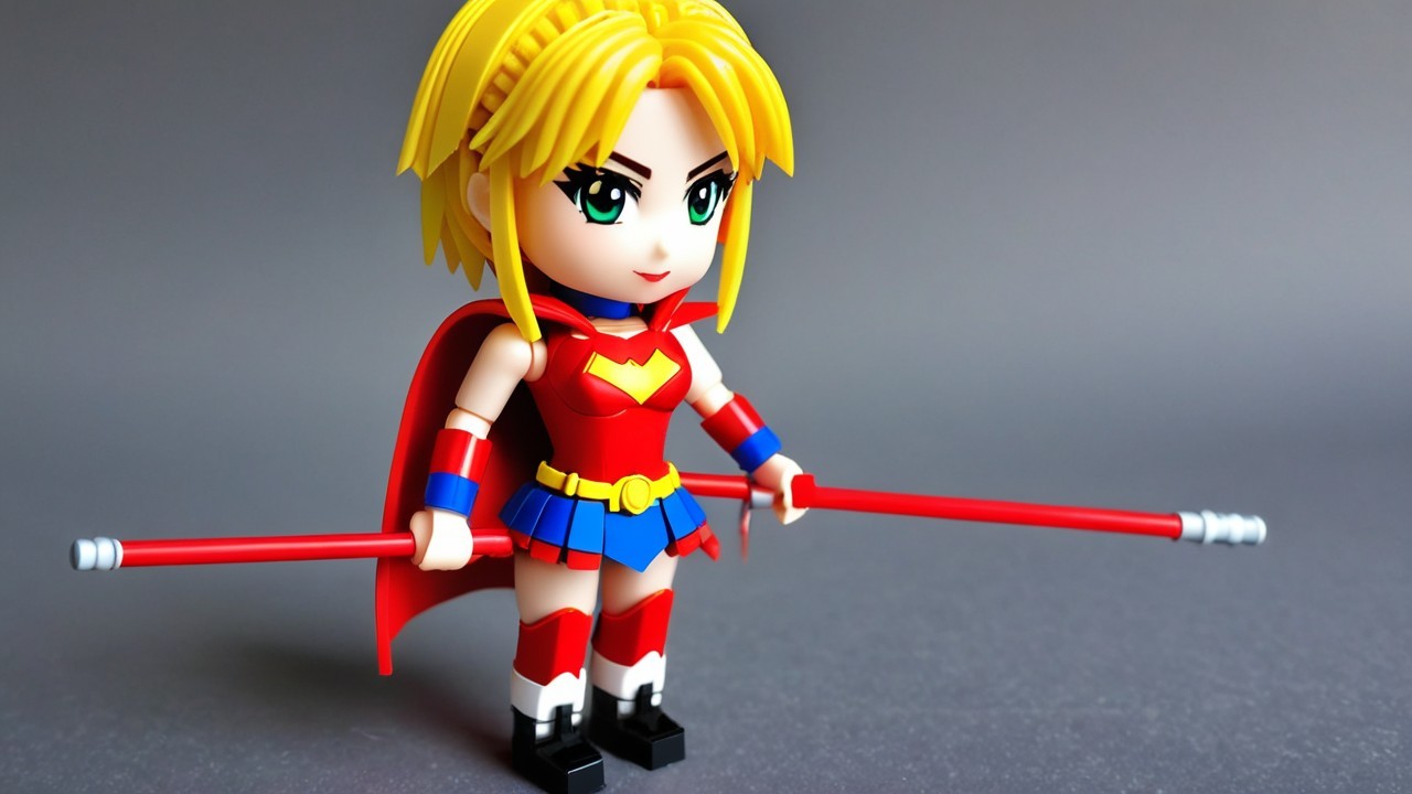 Chibi-style superheroine action figure description
