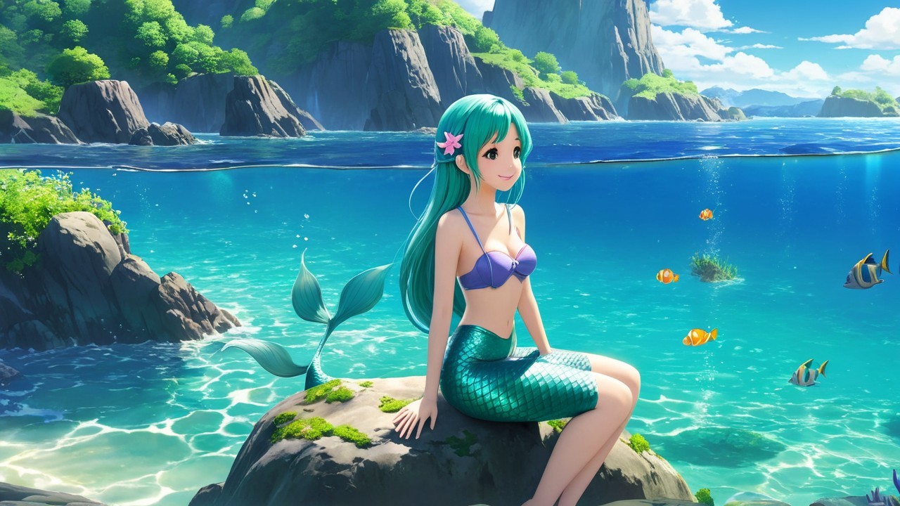 Cheerful mermaid by ocean in vibrant seascape