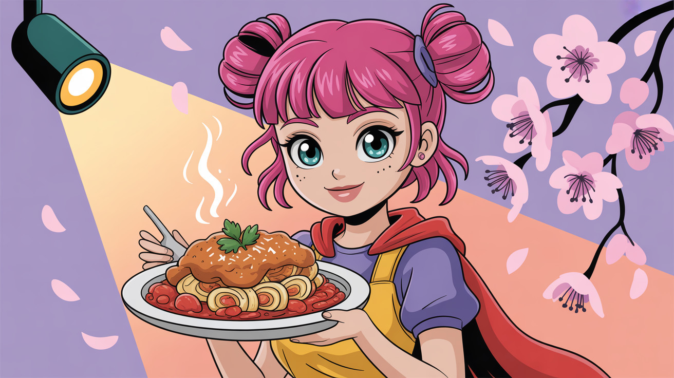 Anime-style illustration of a girl with pink hair and spaghetti