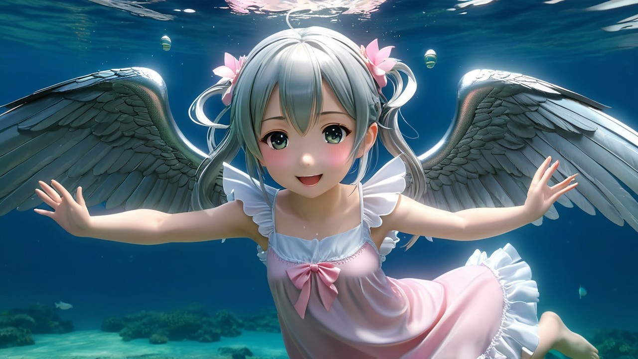 Cheerful anime girl with silver hair swimming underwater