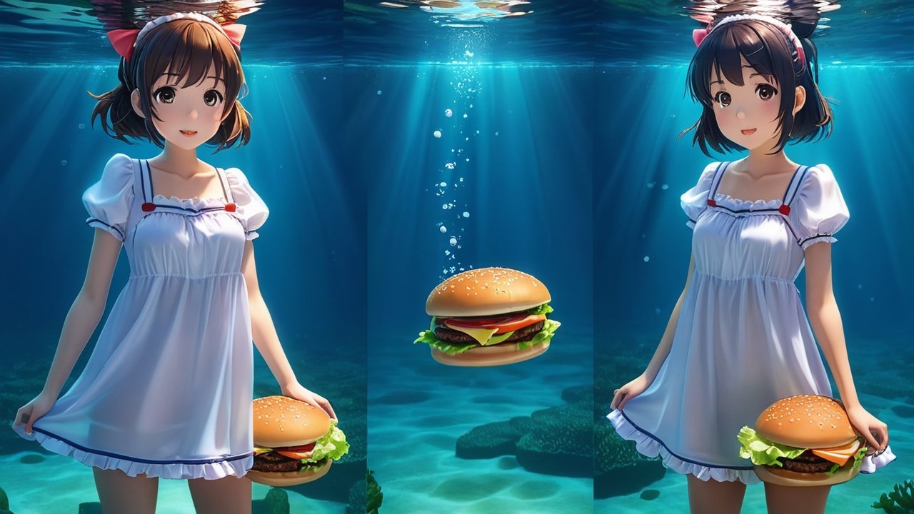 Animated Characters Underwater with Floating Hamburger