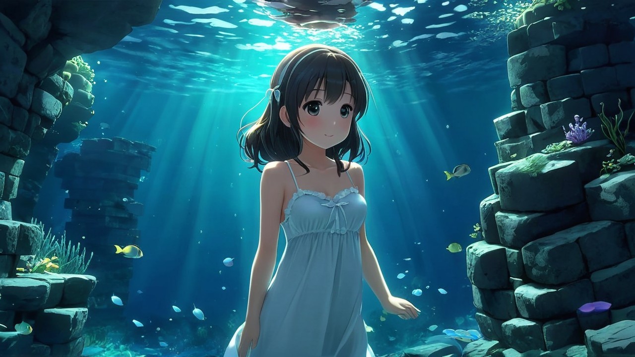 Underwater Scene with Girl in White Dress and Ruins