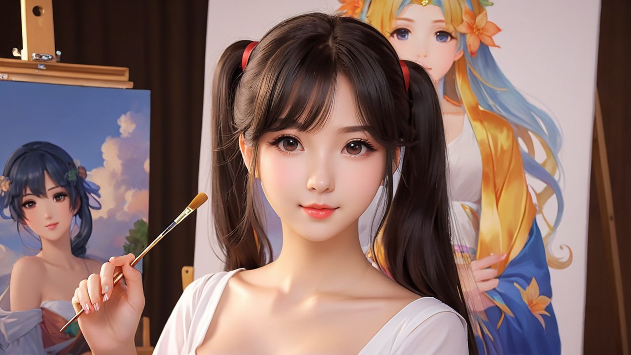 Charming Anime Portrait of a Painter Goddess