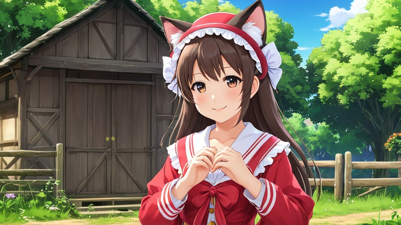 Cheerful Character with Cat Ears Near Rustic Barn