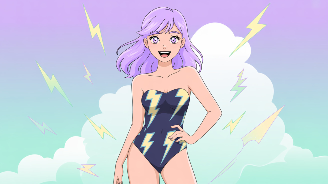 Cartoon of a girl in a black swimsuit with lightning bolts